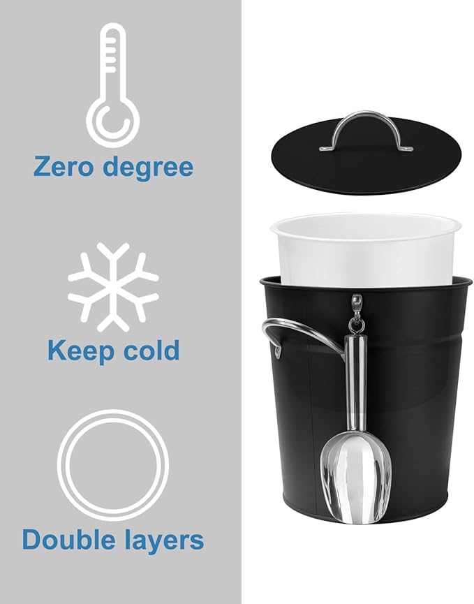 3Qt Black Galvanized Ice Bucket with Lid, Scoop & Handles - Ideal for Cocktails, Parties, BBQs, Wine & Champagne. Double-Layer Insulated Outer & Galvanized Inner Layer, Perfect for Home & Outdoor Use