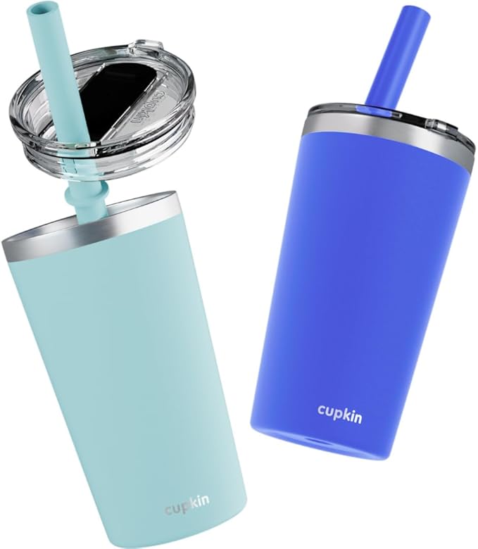 CUPKIN Toddler Tumblers, The Original 12 oz Stackable Stainless Steel Cups, Set of 2 Powder Coated Insulated Kids Water Bottle Alternative + BPA Free Lids + Reusable Silicone Straws (Cobalt + Mint)