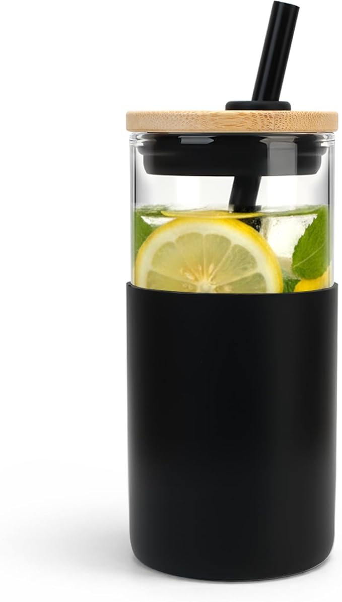 Tronco 16 oz Glass Tumbler with Lids and Straw, Reusable Iced Coffee Cup & Smoothie Cup with Bamboo Lid, Silicone Sleeve, Dishwasher Safe, BPA-Free Borosilicate Glass, 1 Pack