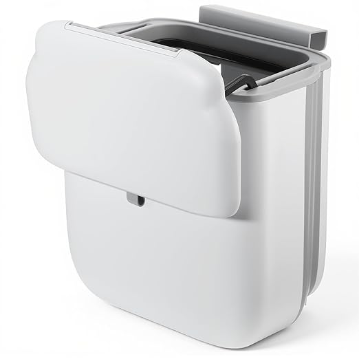 1 Pcs Foldable Hanging Trash Can, 2.6 Gallon Wall Mounted Kitchen Waste Bin with Lid Foldable Plastic Waste Bin Expandable Hanging Trash Can for Kitchen, Bathroom, Cabinet (White, Grey)