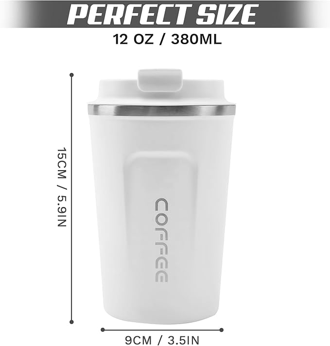 SPLMIFA Travel coffee mugs leak-proof, reusable coffee cups with lids, stainless steel vacuum insulated coffee tumblers, thermal insulation cups for men & women keep drinks hot & cold(2nd-White, 12OZ)