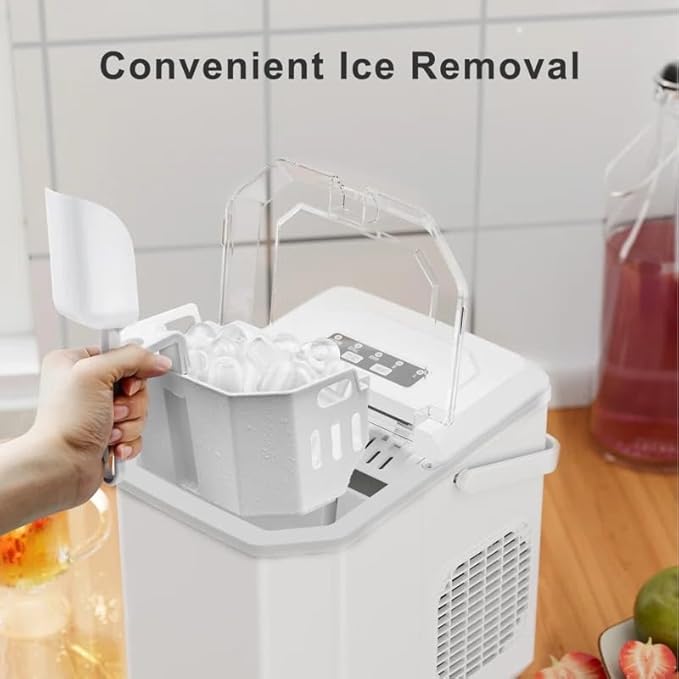 Ice Maker Countertop, Portable Ice Machine with Carry Handle, Self-Cleaning Ice Makers with Basket and Scoop, 9 Cubes in 6 Mins, 26 lbs per Day, Ideal for Home, Kitchen, Camping, RV, White