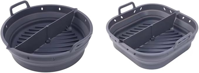 Reusable Silicone Air Fryer Liner –2pcs (Round+Square), Collapsible, Oil-Draining Design, Food-Grade, Non-Stick, Heat Resistant, Dishwasher Safe – Fits 5–8 QT Baskets (grey)