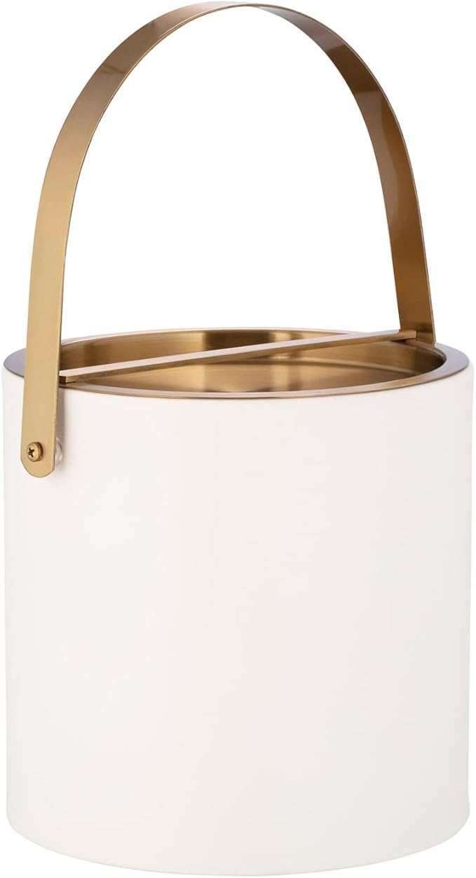 Kraftware SANTA BARBARA 3qt Ice Bucket with Brushed Gold Arch Handle & Bridge Cover: White