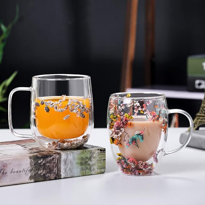 NBHUZEHUA Double Wall Glass Coffee Mugs Set of 4 Espresso Cups for Cappuccino Tea Latte Cute Mug Insulated Glasses