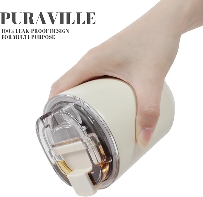Puraville Insulated Tumblers with Lid, 10 oz Travel Coffee Mug Stainless Steel Vacuum Cup, Leak Proof Reusable Double Walled Coffee Tumbler for Iced and Hot Drinks, Cream