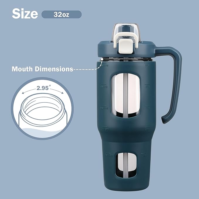 32oz Glass Tumbler with Straw Handle and 2-IN-1 Sip & Spout Lid, Reusable Iced Coffee Cup for Smoothie, Matcha, Leakproof Glass Water Bottle with Straw and Silicone Sleeve, BPA Free-Navy Blue