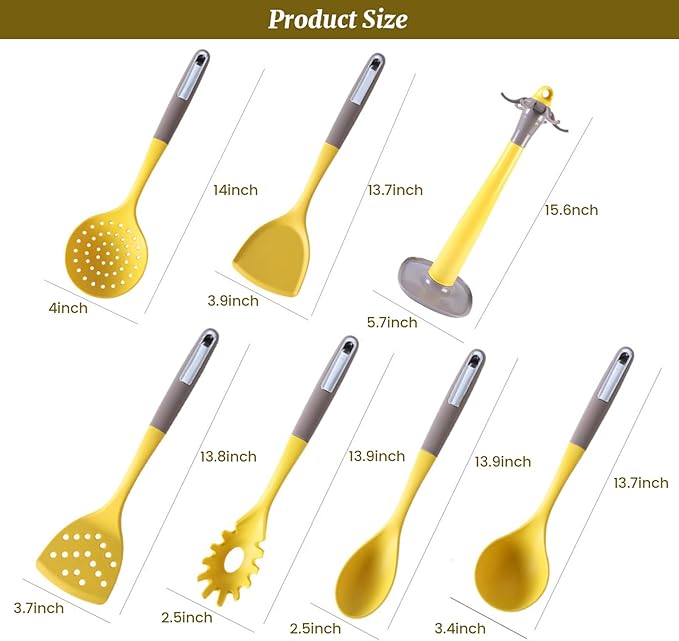 Cooking Utensils Set for Kitchen,7PCS Silicone Utensil Set with Rotating Storage Stand, Non Stick Utensil Tool and Gadget Set with Ergonomic Handles, Heat Resistant Kitchen Essentials (Yellow)