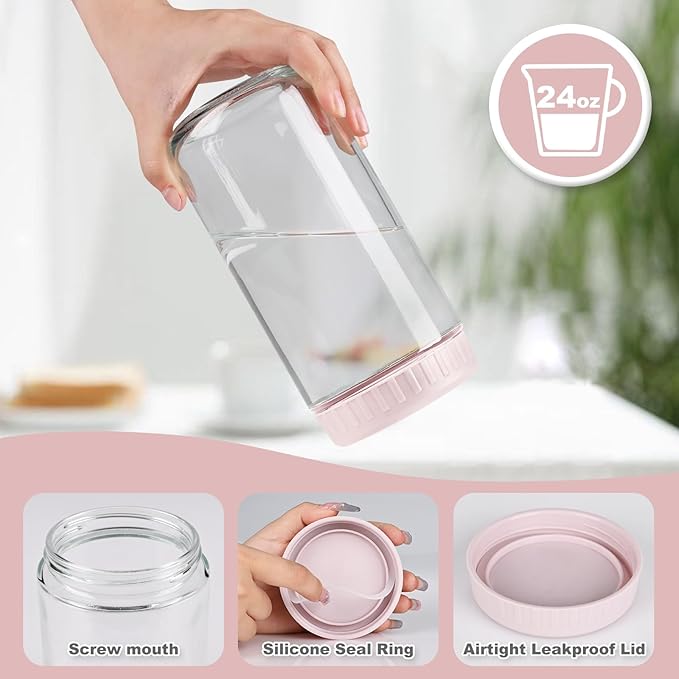 SHOWIN Overnight Oats Containers with Lids, 24oz Glass Jars with Lids 8 pcs, Pink, Wide Mouth Mason jars for Salad, Yogurt, Snacks, Meal Prep