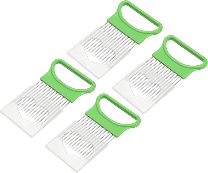 uxcell 4 Pcs Onion Slicer Holder, 4.3 x 3.1 Inch Stainless Steel Vegetable Cutting Holder Food Cutter Tool for Slicing Storing Onions Tomatoes Potatoes Avocados Apples, Green