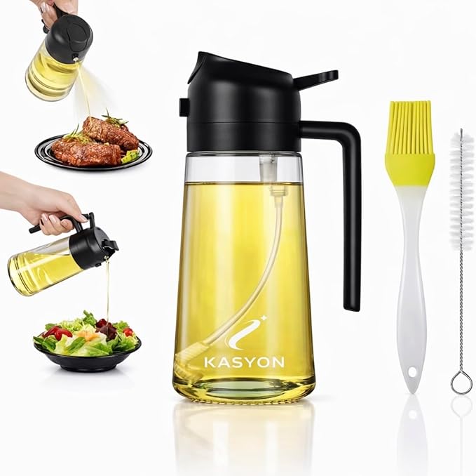 Oil Sprayer 16oz/470ml Glass Olive Oil Sprayer for Cooking with Stickers, 2 in 1 Oil Dispenser for Kitchen Gadgets, Food Grade Premium Spray Bottle with Portion Control