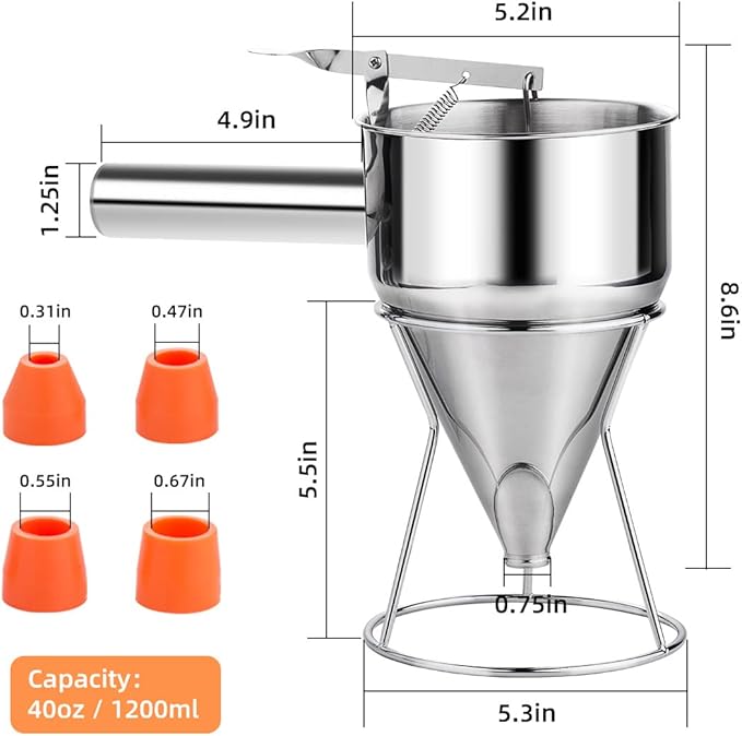 Choxila 40oz Pancake Batter Dispenser, Stainless Steel 4 Caliber Funnel Cake Dispenser with Stand Great for Pancakes, Cupcakes and Baked Goods