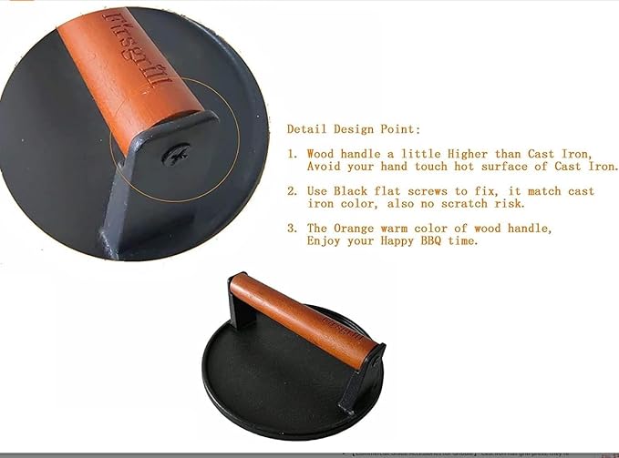 Firsgrill Burger Press 7.08" Round & 8.3”X4.3”Rectangle Heavy-Duty Cast Iron Smash Meat Steak with Wood Handle for Blackstone Camp Chef Pitboss Weber Treager Griddle Grills (Flat Bottom)