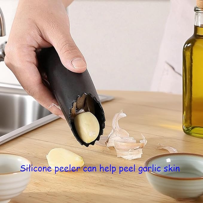 Premium Garlic Press And Peel Set,Heavy Duty Garlic Crusher,Rust Proof Garlic Mincer Tool,Easy to Squeeze And Clean, Ergonomic Handle Includes Silicone Garlic Peeler And Brush (Sivler)