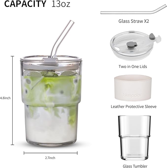 BLUEPOLAR 13 oz Tumbler Water Glass, Water Bottle with Straw and Dustproof Lid, Coffee Ice Cup Double Wall Insulated Glass Cup (White with Protect Sleeve)