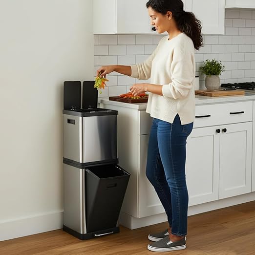 HOLDN’ STORAGE 36L Triple-Compartment Trash & Recycling Bin for Kitchen, Multi-Access Opening, Odor Control, Stainless Steel, 3 Trash Bag Rolls Included