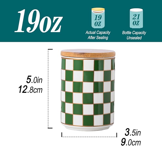 Kitchen Countertop Ceramic Checkered Canisters,Black And White Food Storage Containers With Lid,Airtight Kitchen Canisters for Flour, Sugar, Coffee, Tea, and Dry Goods (Green, Small)