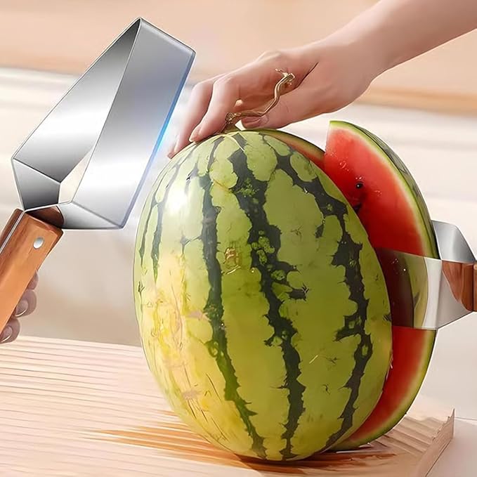 Triangle Watermelon Cutter, Stainless Steel with Wooden Handle -Melon Slicer, Fruit Cutter for Kitchen Gadgets, Stainless Steel Watermelon Slicer Tool for Home Kitchen Camping Picnic (2)