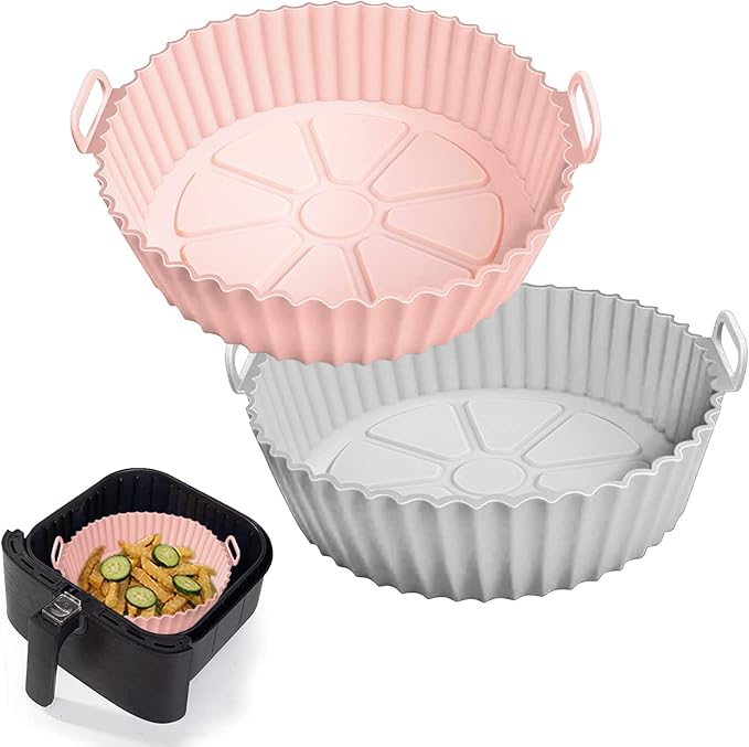2 Pack Air Fryer Silicone Liners for 5 QT or Bigger,Silicone Air Fryer Liners Inserts,Replacement of Flammable Parchment Paper,Reusable Baking Tray Oven Accessories,Pink+Grey(Top8.66in, Bottom7.48in)