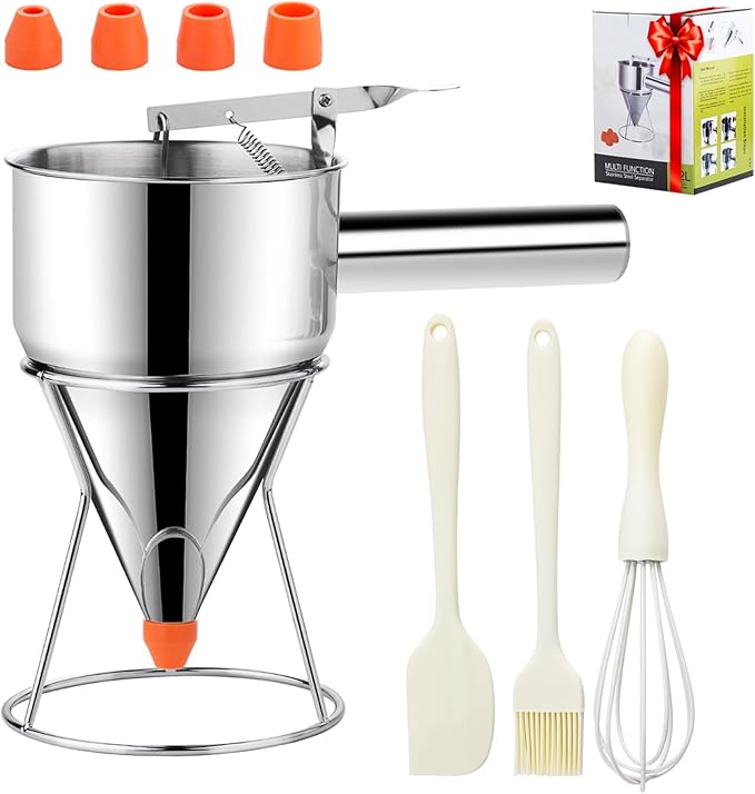 40oz Pancake Batter Dispenser, Stainless Steel Funnel Cake Dispenser with 4 Silicone Nozzles, Perfect for Pancakes, Cupcakes, and Funnel Cakes