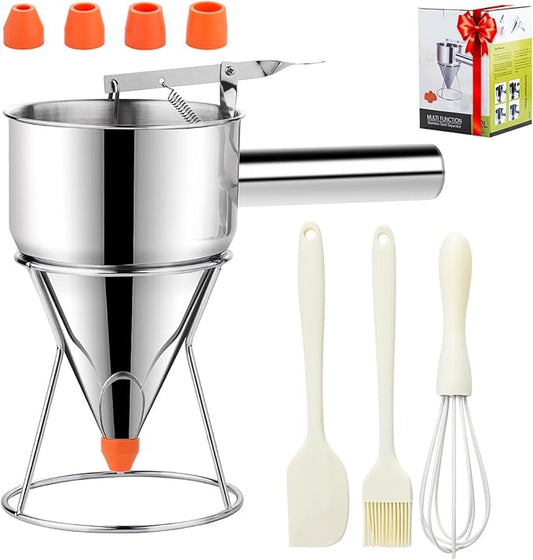 40oz Pancake Batter Dispenser, Stainless Steel Funnel Cake Dispenser with 4 Silicone Nozzles, Perfect for Pancakes, Cupcakes, and Funnel Cakes