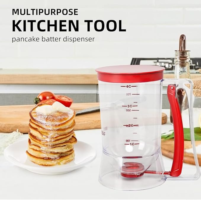 Leilanis Breadleaf Batter Dispenser for Pancakes, Waffles, Cookies, Cakes, Set 6 pcs Griddle BreakFast Kit Egg Rings and Oil Brush 4 Cup Capacity (Red)