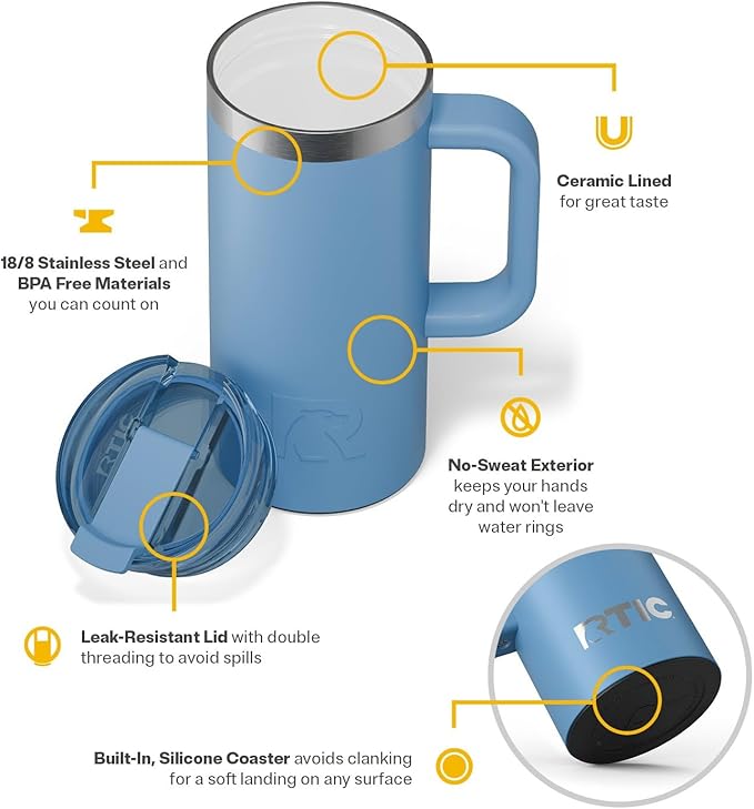 RTIC 20oz Road Trip Travel Mug with Lid and Handle, Insulated, Stainless Steel, Metal, Double Wall Vacuum-Insulation, Ceramic Lined, Portable Coffee, Tea Cup for Hot and Cold Drink, Denim