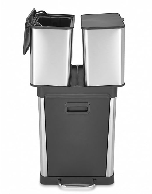 HOLDN’ STORAGE 32L Triple-Compartment Trash & Recycling Bin for Kitchen, 2 Removable Hook-On Bins, Multi-Access Opening, Odor Control, Stainless Steel, 3 Trash Bag Rolls Included