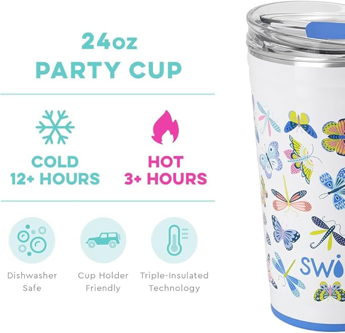 Swig Life 24oz Party Cup, Stackable Insulated Travel Coffee Tumbler with EZ Slider Lid, Cup Holder Friendly, Stainless Steel 24 oz Tumbler, Reusable Coffee Mug (Butterfly Bliss)