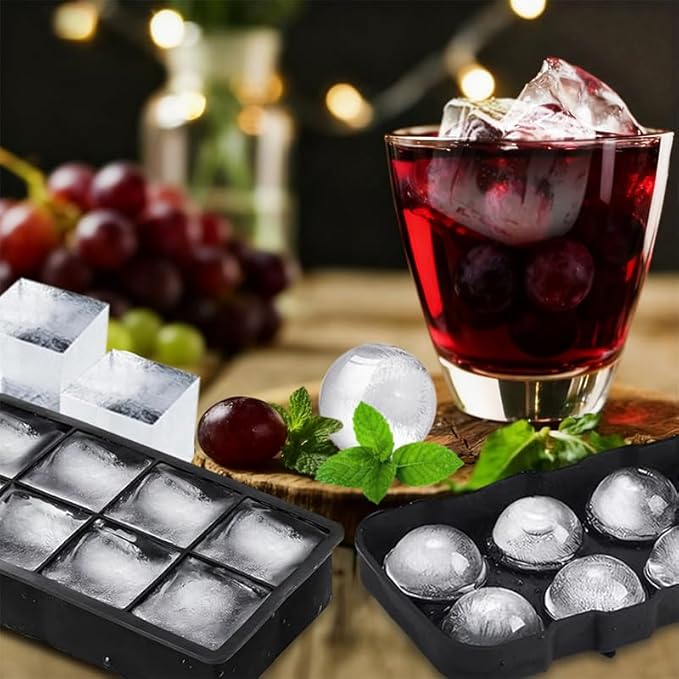 2-Inch Silicone Ice Cube Tray with Lid - Large Sphere Ice Mold & Square Ice Cube Maker for Whiskey, Cocktails, Bourbon - Easy Release, BPA Free, Set of 2