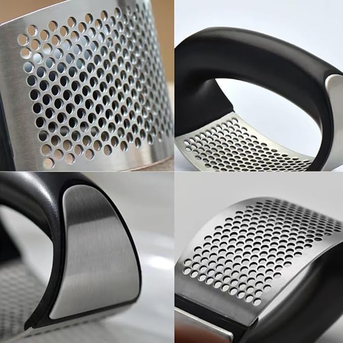 Stainless Steel Garlic Smash, Press Rocker Mincer/ Crusher/ Chopper with Peeler and Scraper Brush
