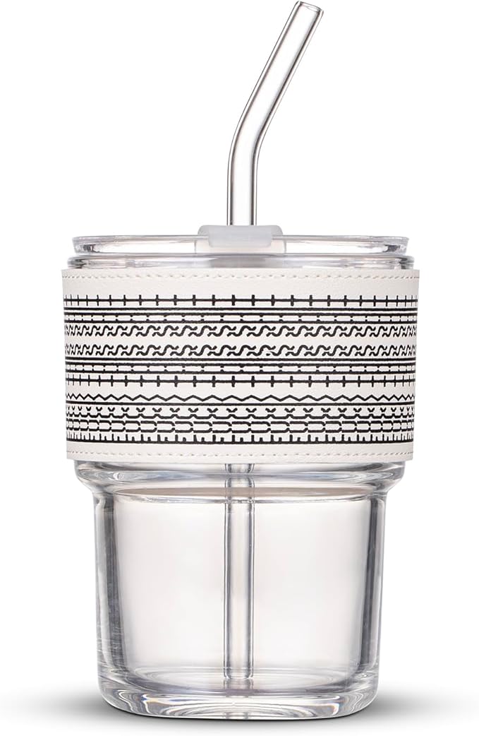 BLUEPOLAR 13oz/400ml Glass Water Tumbler with Straw and Lid Sealed Carry on Thick Wall Iced Coffee Cup for Water, Iced Tea, Fruit Juice