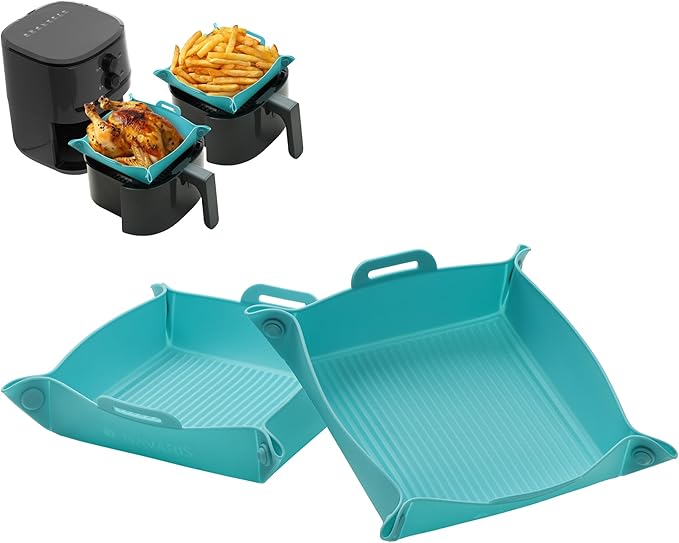 Navaris Silicone Air Fryer Liners (Set of 2) - Reusable Liner with Foldable Design 27cm x 6cm (10.6" x 2.4") - Basket Tray Mat - Dishwasher Safe - Blue