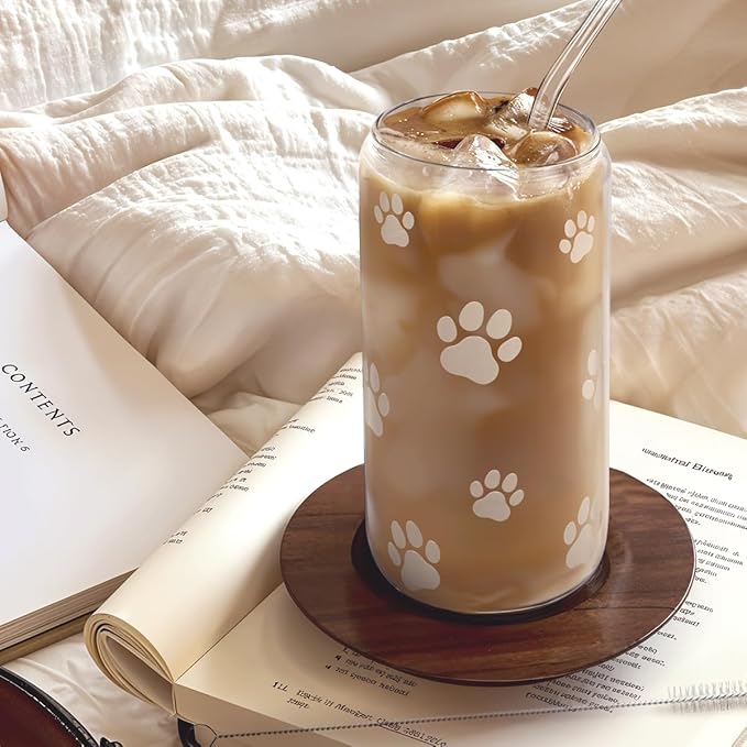SANDJEST Paw Print 16oz Can Glass Tumbler with Acrylic Lid & Straw - Iced Coffee Cup for Women Cat Dog Mom, Aesthetic Cups Gifts for Birthday Christmas