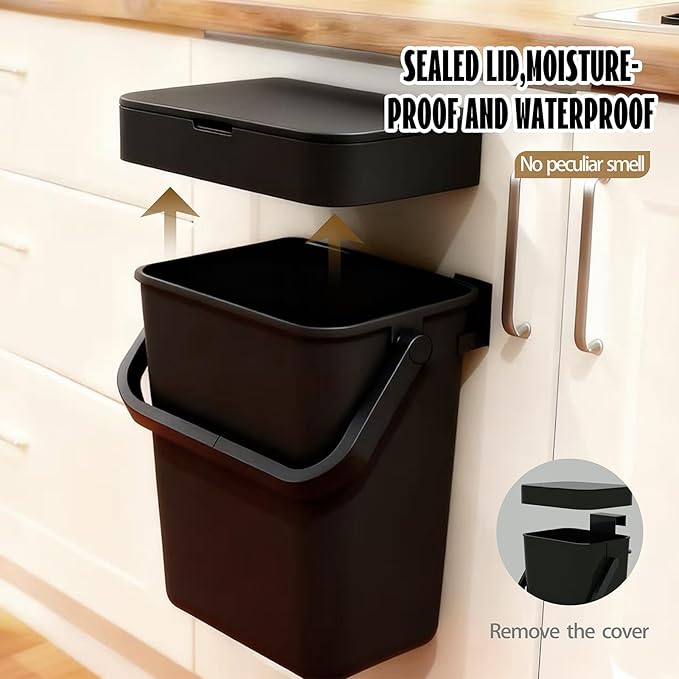 Compost Bin Kitchen, for use on Countertops or Under Sinks, Hanging Trash Can with Lid, Mountable Indoor Compost Bucket, for Cupboard/Bathroom/Bedroom/Office/Camping (Black 1.3 Gallon/5L)