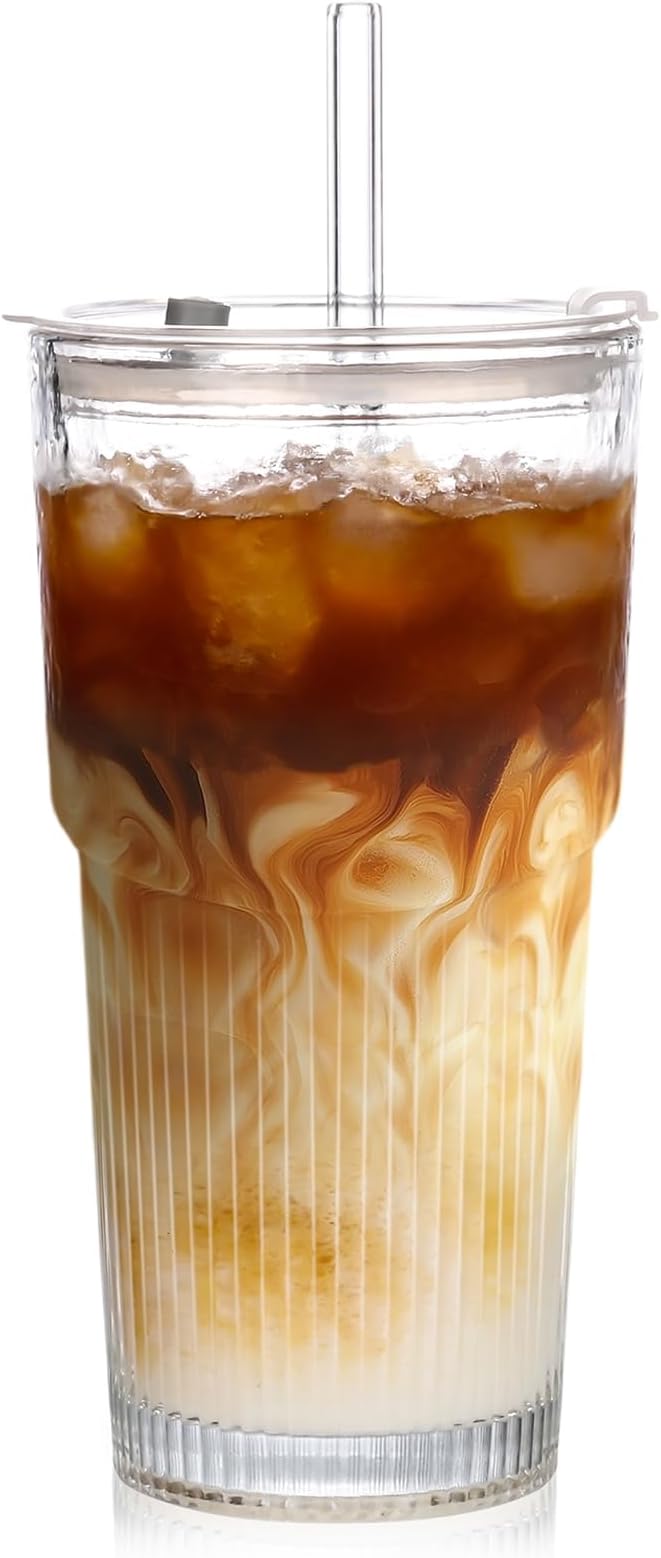 20oz Glass Tumblers with Lids and Straws,1PCS Glass Cups with Lids and Straws,Iced Coffee Cups with Lid,Drinking Glasses for Juice, Smoothies