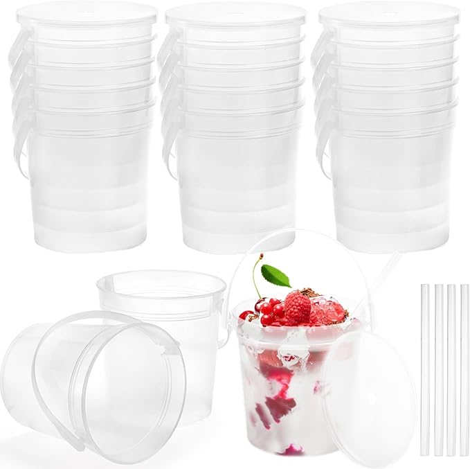 20 Pack Plastic Rum Buckets for Drinks, 32OZ Cocktail Buckets with Lid and Straw, Reusable Smoothie Bucket, 1Liter Large Ice Cream Pails for Halloween Football Parties Bar