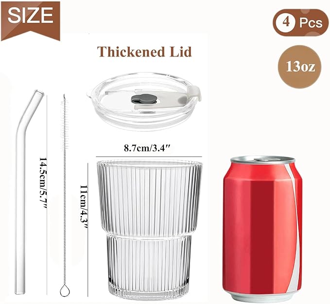 Ribbed Glass Tumbler with Lid and Straws, Resuable Ice Coffee Cups, To Go Iced Coffee Cups for Water, Smoothie, Matcha, Iced Tea Fruit Juice, Clear, 13oz, Set of 4