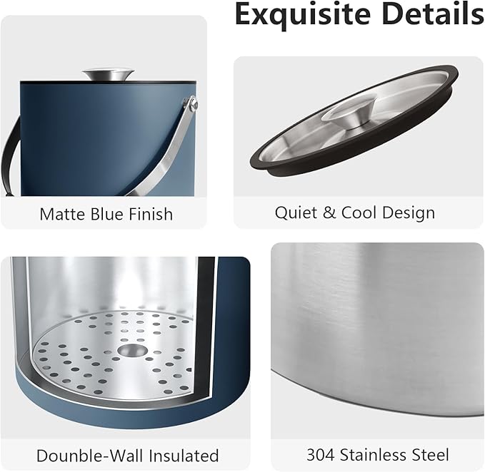 Bakpoco 3L Ice Bucket with Silicone Lid, Scoop, Tongs & Strainer, Stainless Steel Double Wall Insulated Ice Buckets for Parties & Cocktail Bar, Outdoor Champagne Ice Container Bin, Navy