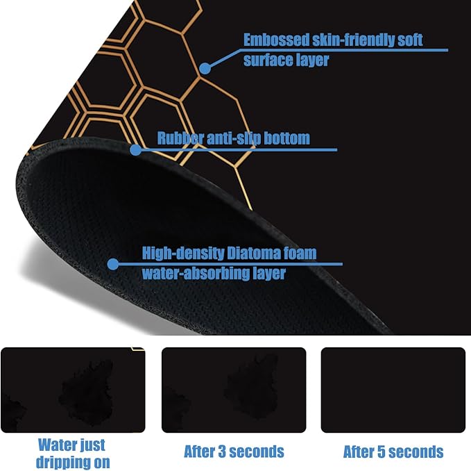 Sink Splash Guard Faucet Mat Black Gold Honeycomb Absorbent Fast Drying Mat Sink Gadgets Splash Guard Behind Faucet Drip Catcher for Kitchen Bathroom 23.5"X5.5"