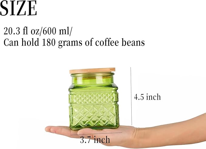 Glass Storage Canister with Airtight Lids, 20.3 FL OZ Thick Glass Candy Jar for Coffee Bean, Cocoa powder,Dog treats, Snacks Vintage Decorative Square Glass Jars for Coffee Bar Kitchen Party Counter