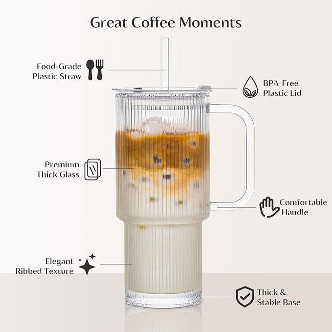 INSETLAN 24oz Ribbed Glass Tumbler with Handle & Lid – 4-Pack Large Iced Coffee Cups with Straws, Modern Glass Mug for Cold & Hot Beverages, Aesthetic Travel Cup for Smoothies, Tea, and Juice