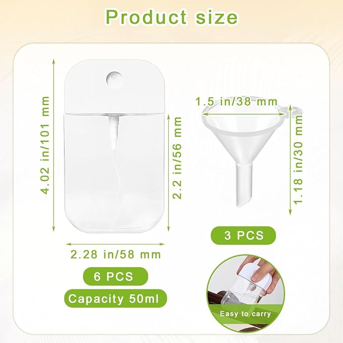 6PCS Portable Card Clear Spray Bottles 50ML Refillable Plastic Perfume Atomizer Vials for essential oils,facial mists hair moisturizing water hand sanitizer,3 funnels are also given away (White)