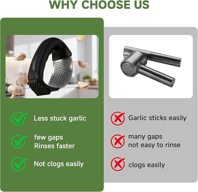 Garlic Press Rocker 304 Stainless Steel Garlic Mincer Crusher Easy to Clean Dishwasher Safe Textured End for Light Tenderizing, with Silicone Peeler and Cleaning Brush (Green)