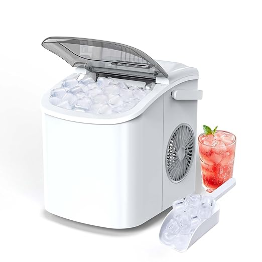 Ice Makers Countertop, Portable Ice Maker Machine with Carry Handle, 26Lbs/24H, Ice Machine Self-Cleaning with Basket and Scoop for Home Kitchen Party,White