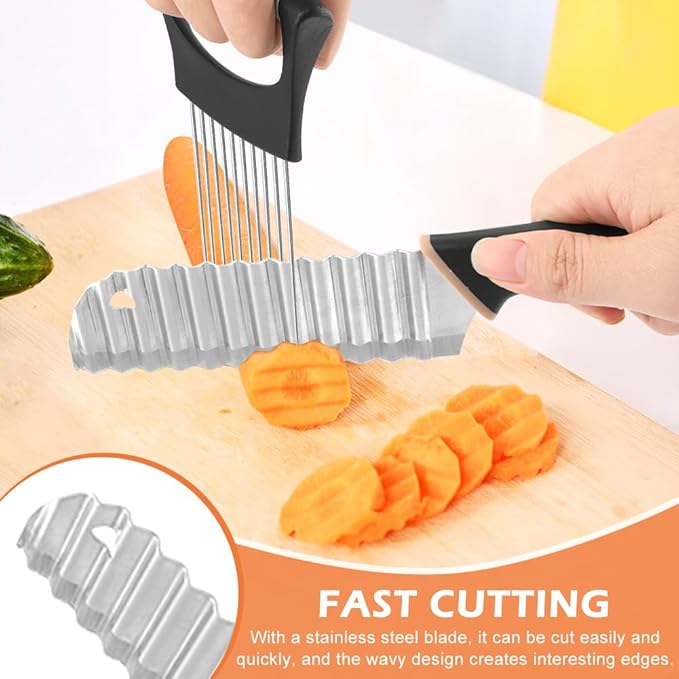 Crinkle Cutter with Onion Holder for Slicing and P-type Peeler, Stainless Steel Wavy Slicer with Handle, Crinkle Cutter for Veggies, Potatoes(COLOR:Black)