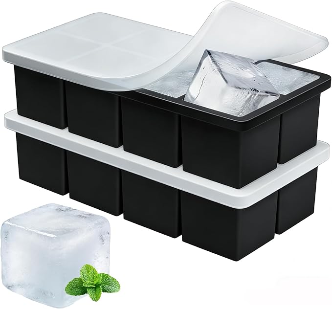 Large Ice Cube Molds, 2 Pack Easy Release Ice Trays for Freezer with Lid, Stackable Square Big Silicone Ice Cube Tray BPA Free Slow Melting for Bourbon Whiskey, Cocktails, Iced Coffee (Black)
