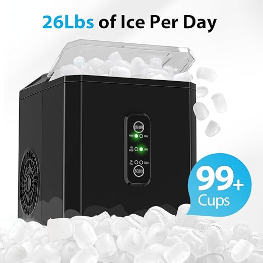 Aeitto Ice Makers Countertop, 9 Ice Cubes Release in 6 Mins, 26Lbs/24H, 2 Sizes of Bullet Ice Machine,Self-Cleaning Portable Ice Maker with Ice Scoop and Basket for Home Kitchen Office Bar RV, Black