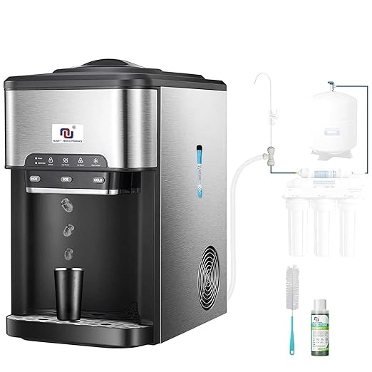 NUNET 3-in-1 Ice Maker Water Dispenser Water Cooler Filled by Water Line w. 10ft Water Inlet Hose 1/2" &1/4" Connector Hot/Cold Water Ready Makes 44 lbs Ice Daily Stores 4lb Ice
