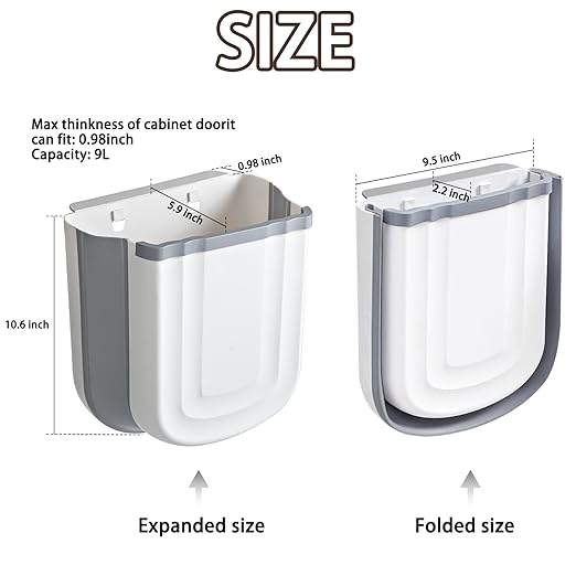 Soddeph Collapsible Hanging Trash Can for Kitchen Cabinet Door, 9L Plastic Foldable Waste Bin, 2.4 Gallon Small Wall Mounted Garbage Bin for Kitchen, Bathroom, Bedroom Countertop (Gray+Gray)